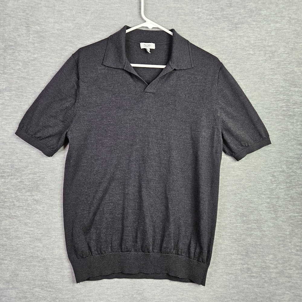 Reiss women's XL Gray Merino Wool Short Sleeve Polo Sweater Luxury Knit Top